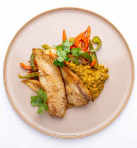 Grilled tilapia with mango lentils and fajita vegetables